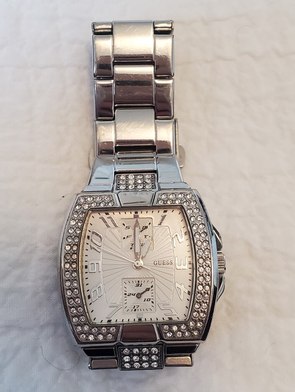 GUESS Silver-tone Crystal Accent Stainless Steel Square Watch